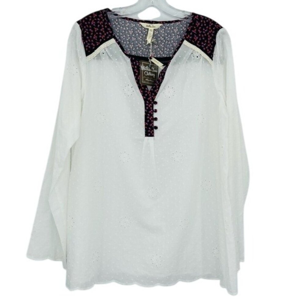 New Matilda jane White Snow Globe Tunic Top Womens L Floral Boho Preppy Cottage